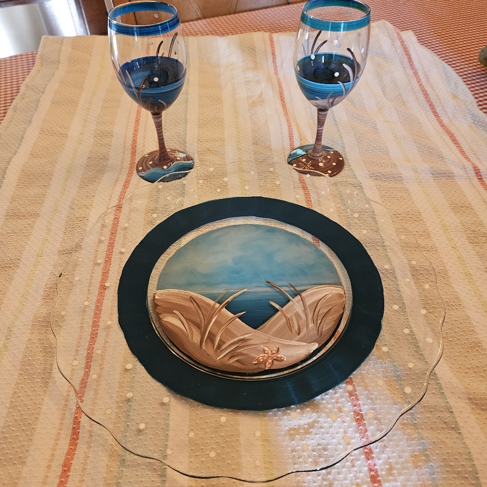 Seaside Hand-painted Glass Plate with 2 Wine Glasses, signed by artist